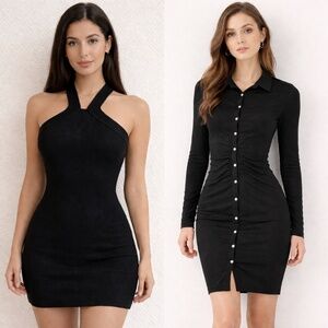 Guess Los Angeles Lot Of 2 Black Mini Dresses Body Con Ribbed Collar